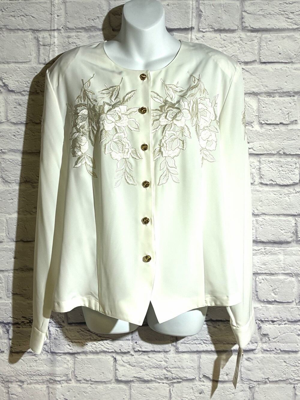 Kathy Che Womens 16 NWT Ivory Embroidered Blouse Gold Rose Buttons Y2K